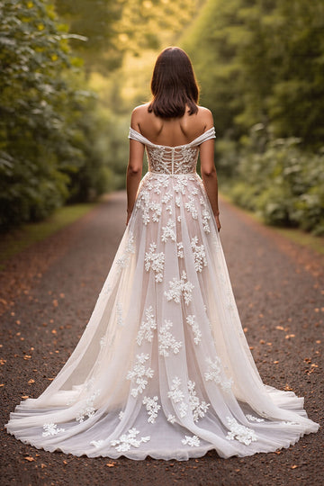 White A Line Off the Shoulder Wedding Dress with Lace